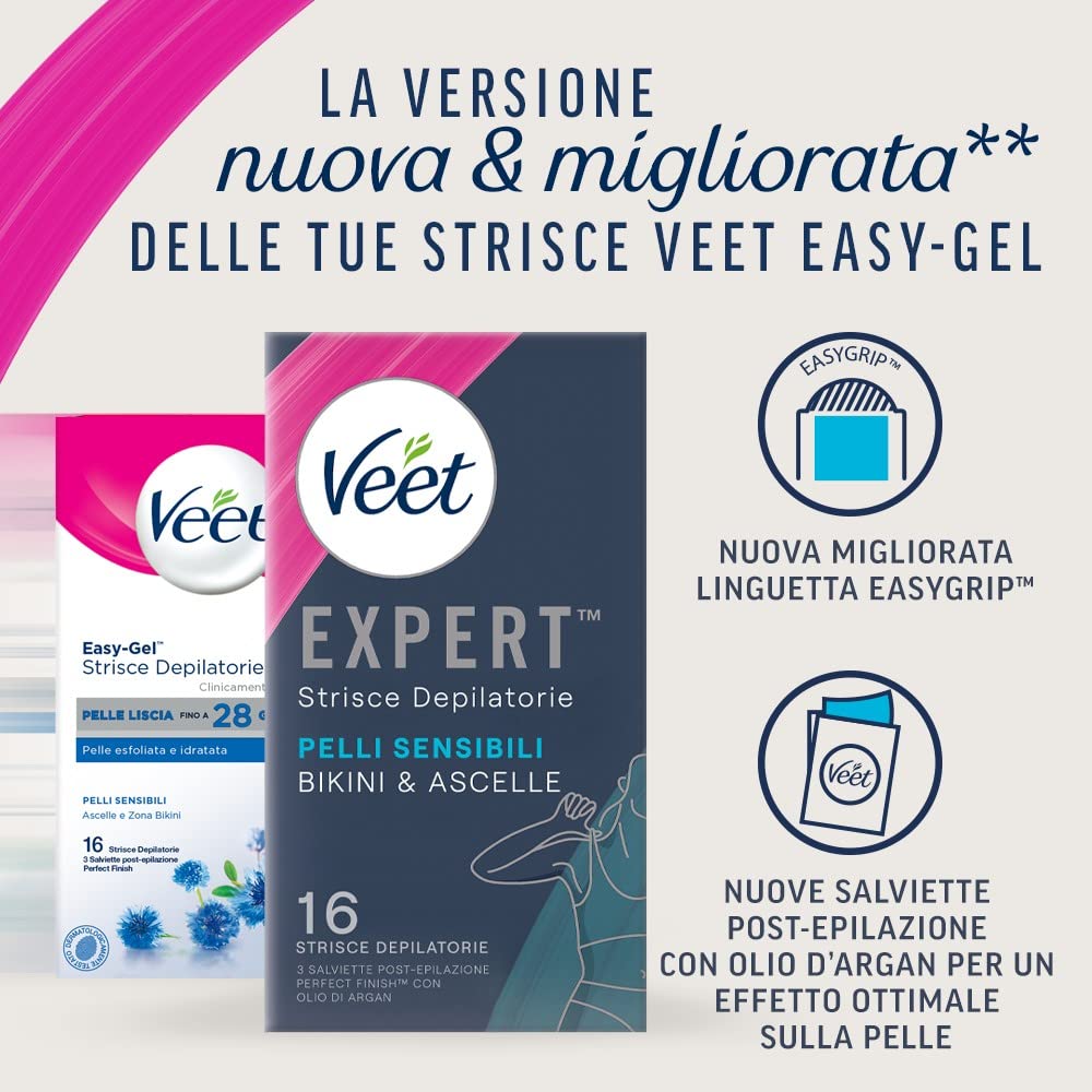 Veet Expert Strisce Depilatorie Ascelle e Zona Bikini, Ceretta per Pelli Sensibili con Olio di Mandorla, Dermatologicamente Testate, 16 Strisce (8x2 Strisce) + 3 Salviette Post-Epilazione