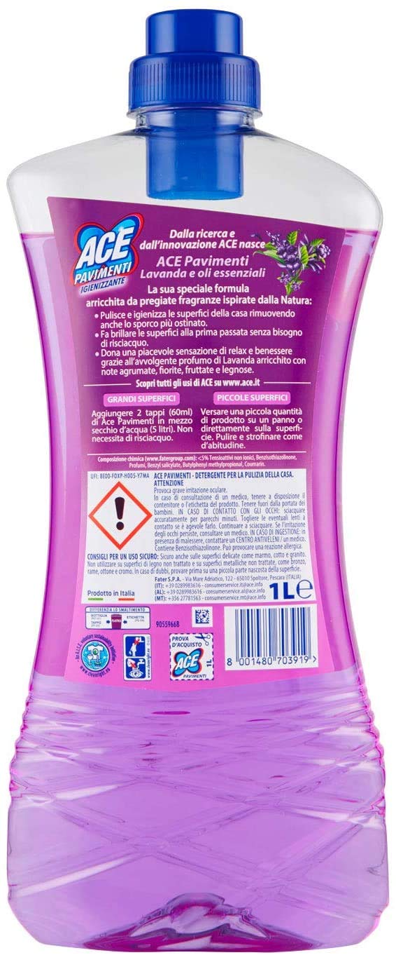 Ace - Detergente per Pavimenti Igienizzante Senza Candeggina Senza Risciacquo alla Lavanda - 4 pezzi da 1000 ml [Totale 4000 ml]