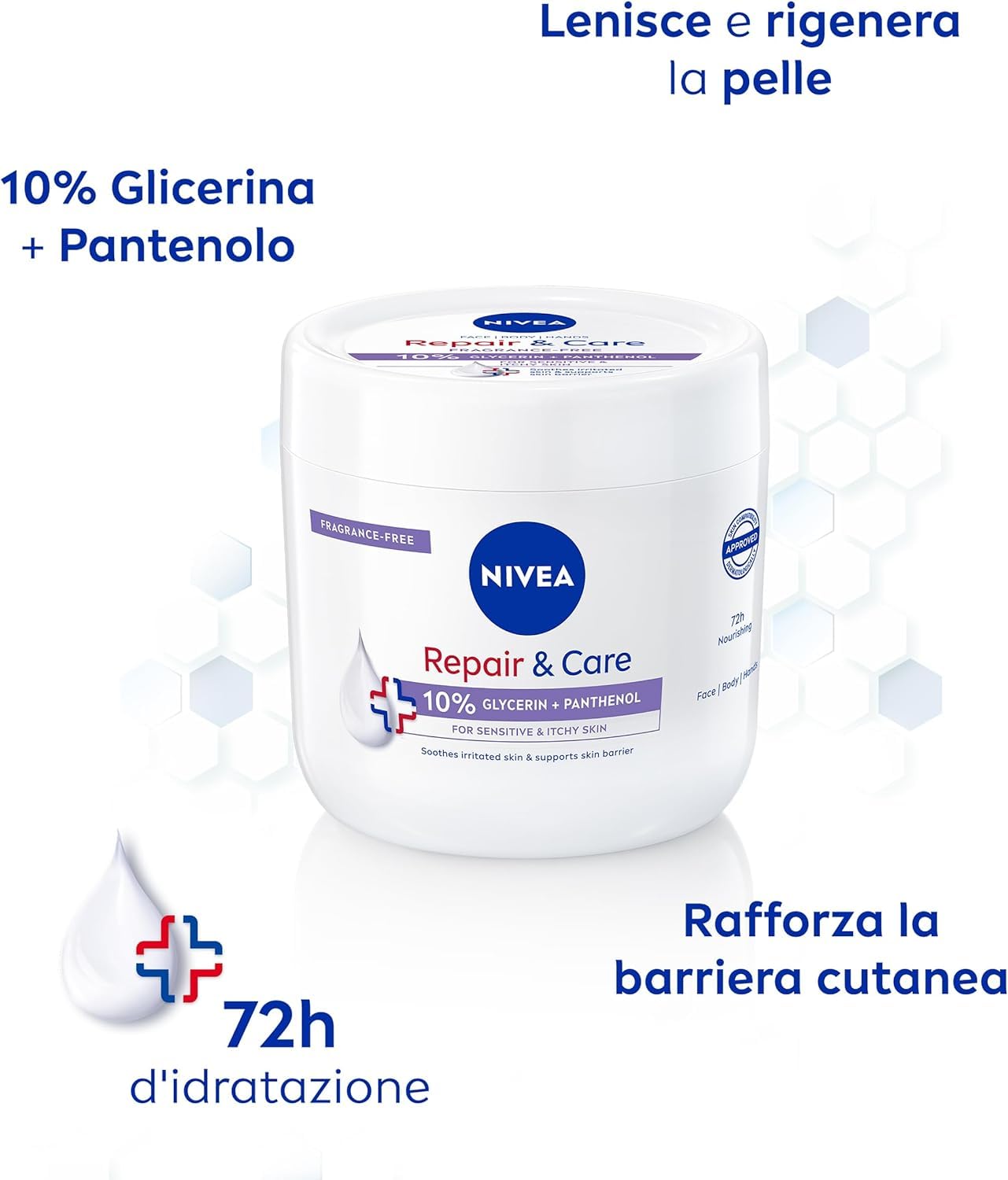 NIVEA Crema Corpo Repair & Care 400 ml, Crema multiuso senza profumo per pelle sensibile e irritata, Crema corpo, viso e mani ad assorbimento rapido arricchita con Pantenolo e Glicerina