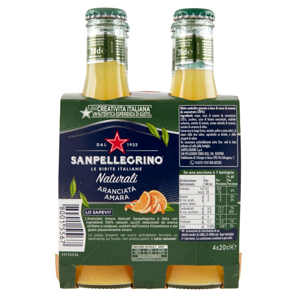 12x San Pellegrino Aranciata Amara Naturali Bevanda Analcolica Rinfrescante con succo di Arancia italiano, Bottiglia di vetro 20cl