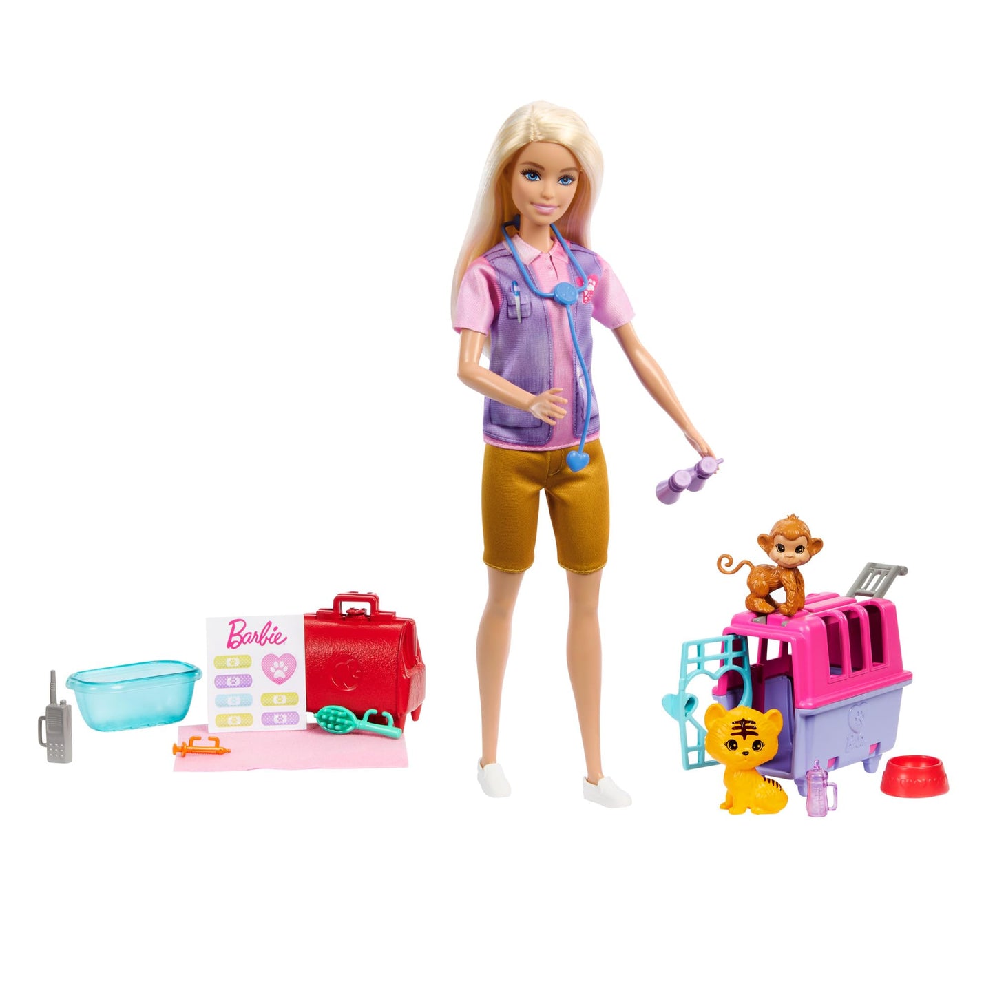 Barbie Carriere - Salvataggio e Recupero Animali, playset con Bambola bionda, scimmietta e Cucciolo di Tigre, trasportino e Accessori Inclusi, Giocattolo per Bambini, 3+ Anni, HRG50