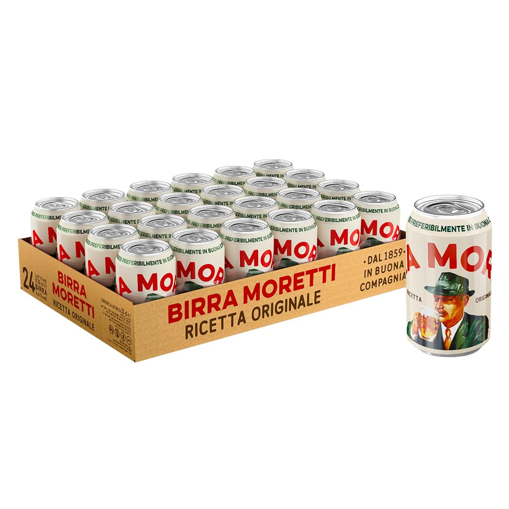 Birra Moretti Ricetta Originale, Cassa con 24 lattine da 33cl, Birra Lager a Bassa Fermentazione, Gusto Delicato ed Equilibrato, Gradazione 4,6% Vol