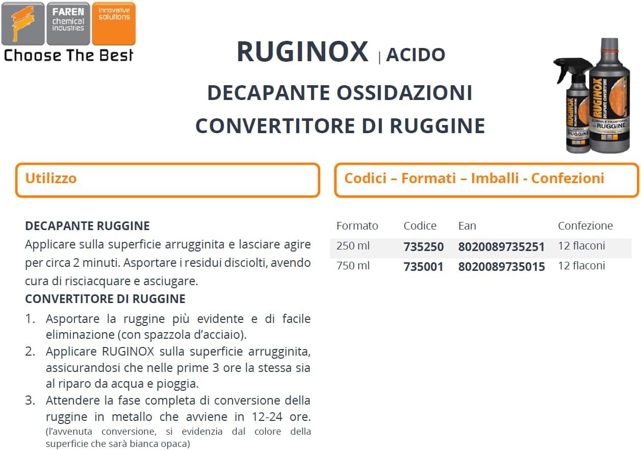 Faren RUGINOX Spray, Decapante e Convertitore di Ruggine,rimuove ossidazioni con azione immediata,Non forma strati,stuccabile e verniciabile dopo il trattamento,250 ml
