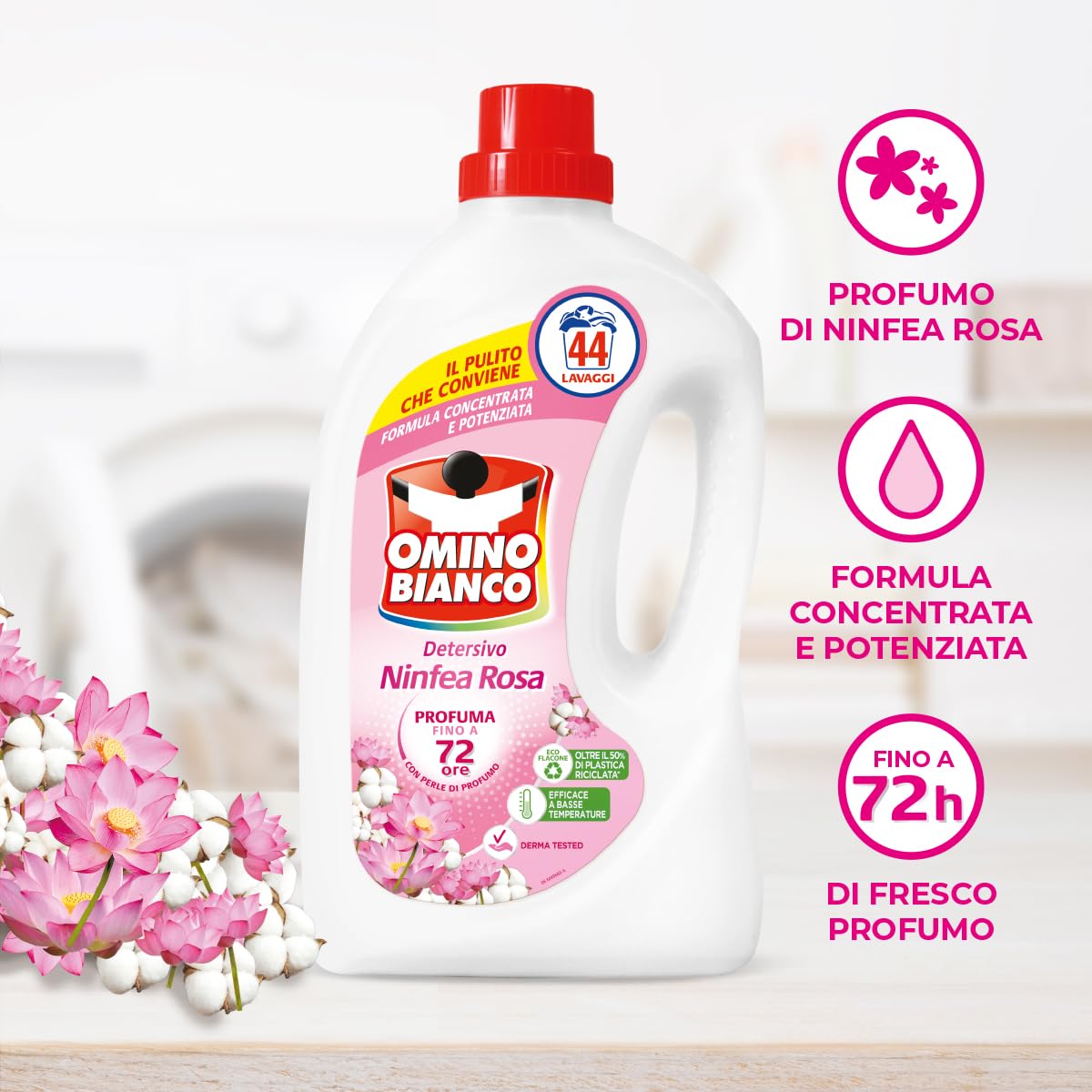 Omino Bianco - Detersivo Lavatrice Liquido, 264 Lavaggi, Rispetta Colori e Tessuti, Fresco Profumo di Ninfea Rosa, 1760 ml x 6 Confezioni