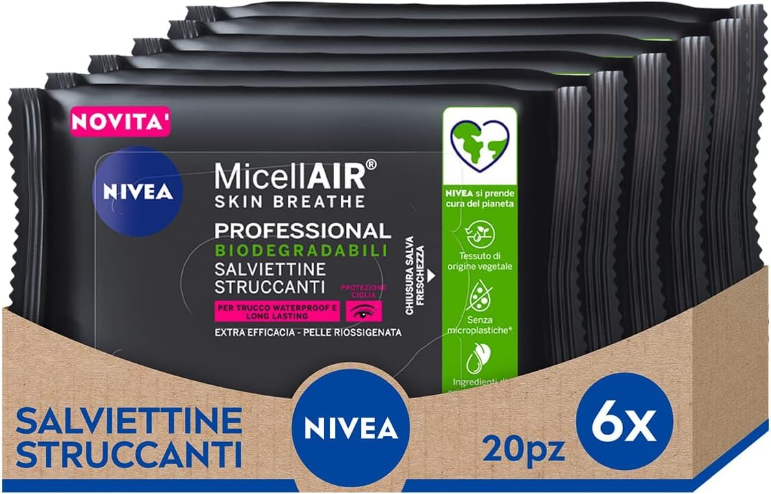 NIVEA MicellAir Professional Salviettine Struccanti in Confezione da 6 x 20 Pezzi, Salviette Struccanti per Trucco Waterproof, Salviettine Viso con Ingredienti Vegetali