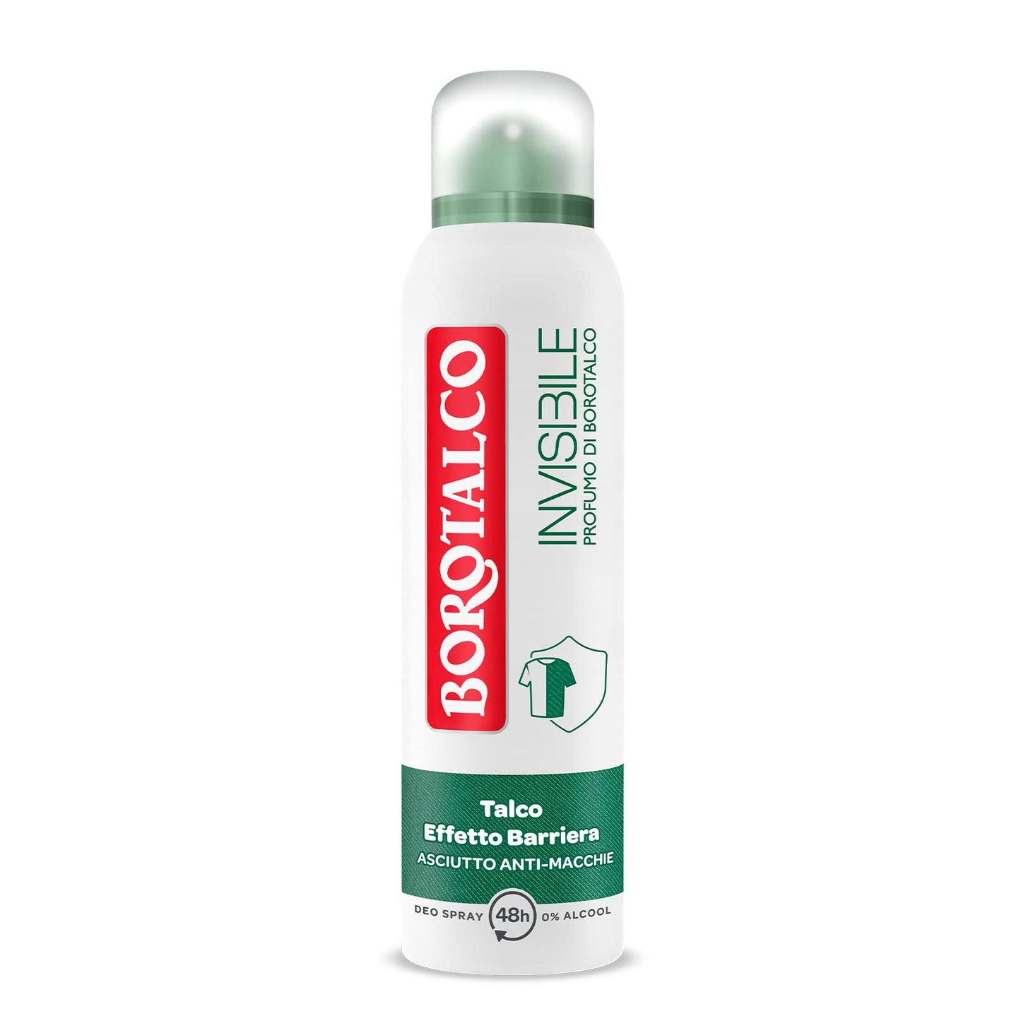 Borotalco, Deodorante Spray Invisibile Verde, Formula Senza Alcool con Talco Effetto Barriera, Cattura e Non Trasferisce Aloni, 48h di Efficacia, Profumo di Borotalco - 1 Flacone da 150 ml