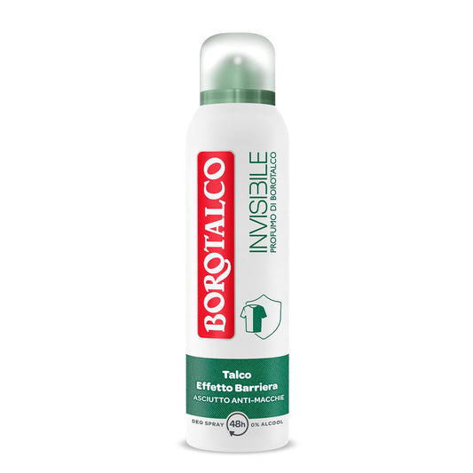 Borotalco, Deodorante Spray Invisibile Verde, Formula Senza Alcool con Talco Effetto Barriera, Cattura e Non Trasferisce Aloni, 48h di Efficacia, Profumo di Borotalco - 1 Flacone da 150 ml