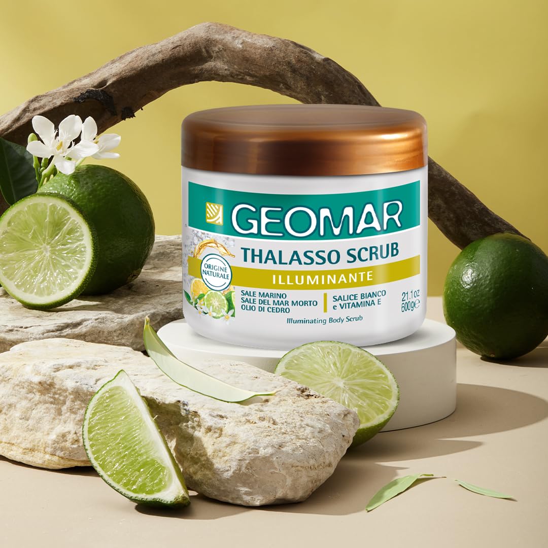 GEOMAR | Thalasso Scrub Corpo Illuminante, con Sale Marino del Mar Morto e Sale di Epsom, Olio di Mandorle Dolci, Riso, Cedro e Limone, estratti botanici, 95% di Origine Naturale, Made in Italy, 600 g