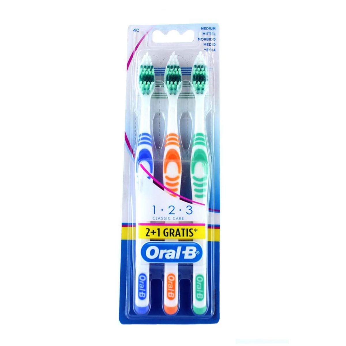 OralB - Spazzolino da denti 1 2 3 Classic Care medio, 3 pezzi (confezione da 1)