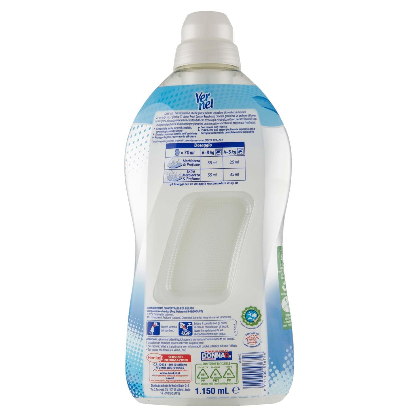 Vernel Fresh Control Ammorbidente Neutralizza Odori, Profumazione Freschezza Glaciale, Confezione da 46 lavaggi