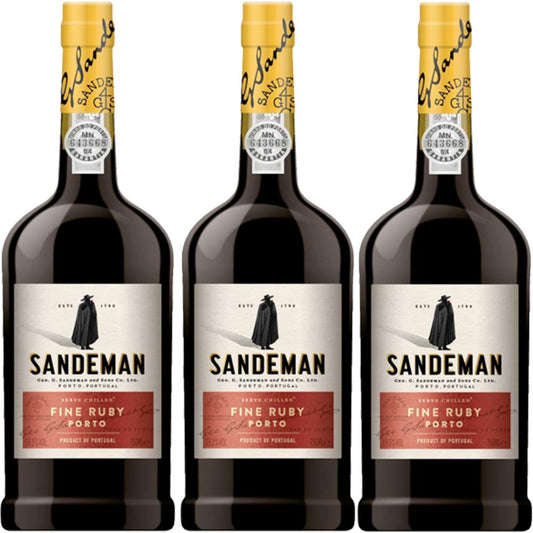 Porto Sandeman Fine Ruby | 3 Bottiglie 75cl | Vino Rosso Liquoroso Tipico del Portogallo | Idea Regalo