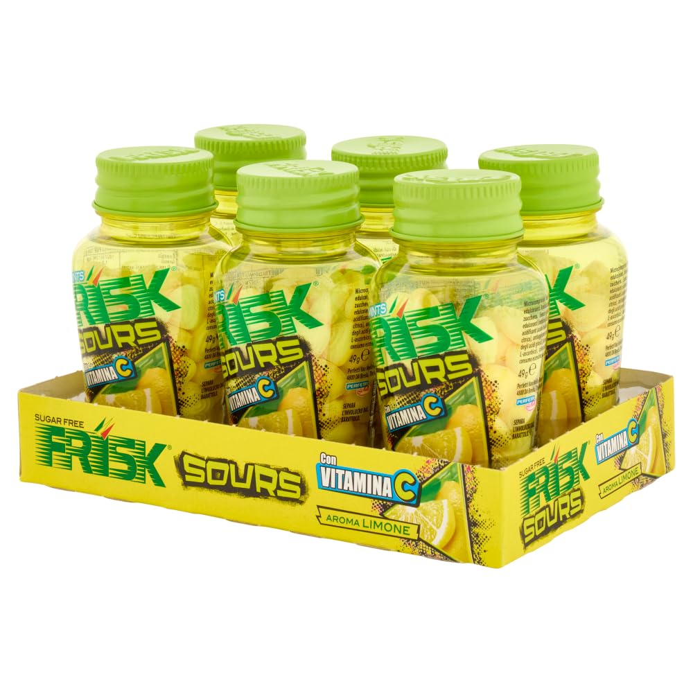 Frisk Sour Lemon, Caramelle Dure, Gusto Limone, senza Zucchero, Confezione da 6 Barattoli con 70 Microcompresse, adatto Fuori Casa o a Lavoro, da Portare Sempre con Te
