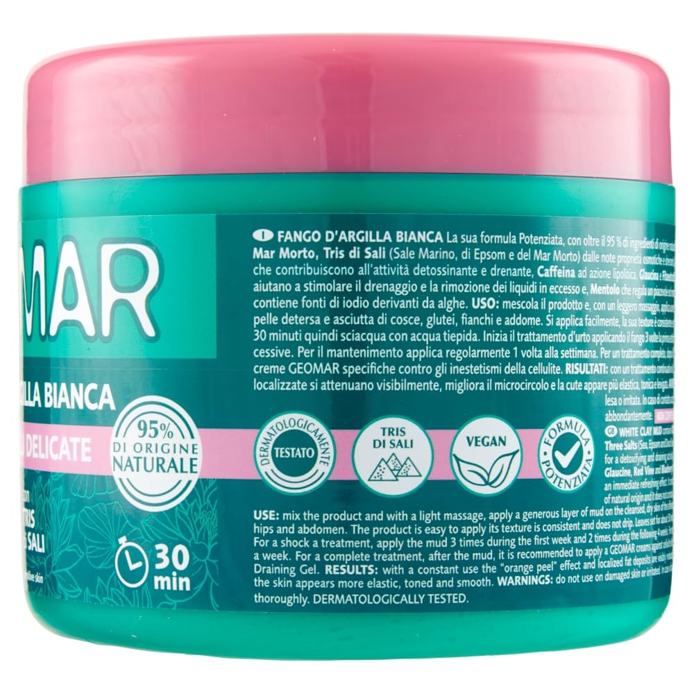 GEOMAR | Fango D'Argilla Bianca, Contro gli Inestetismi della Cellulite, per Pelli Delicate, 95% di Origine Naturale Con Tris Di Sali (Sale Marino, di Epsom e del Mar Morto), Made in Italy, 600 g