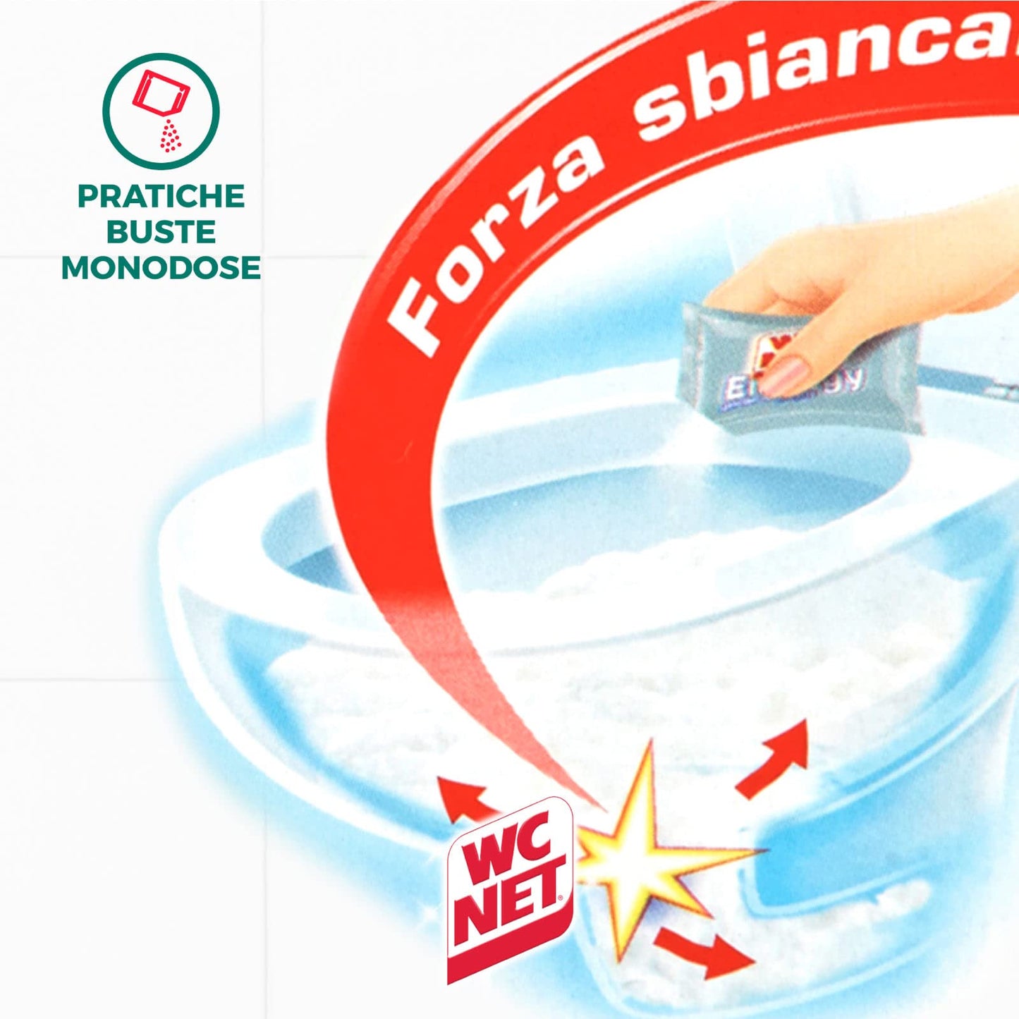 Wc Net - Energy con Candeggina, Detergente Igienizzante in Polvere per WC, Schiuma Autopulente con Azione Sbiancante, 4 Buste x 6 Confezioni