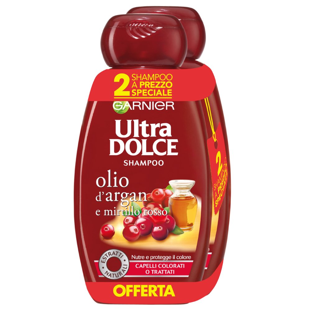 Garnier Ultra Dolce Shampoo all'Olio di Argan e Mirtillo Rosso per Capelli Colorati, senza Parabeni, Estratti Naturali - 3 confezioni da 300 ml