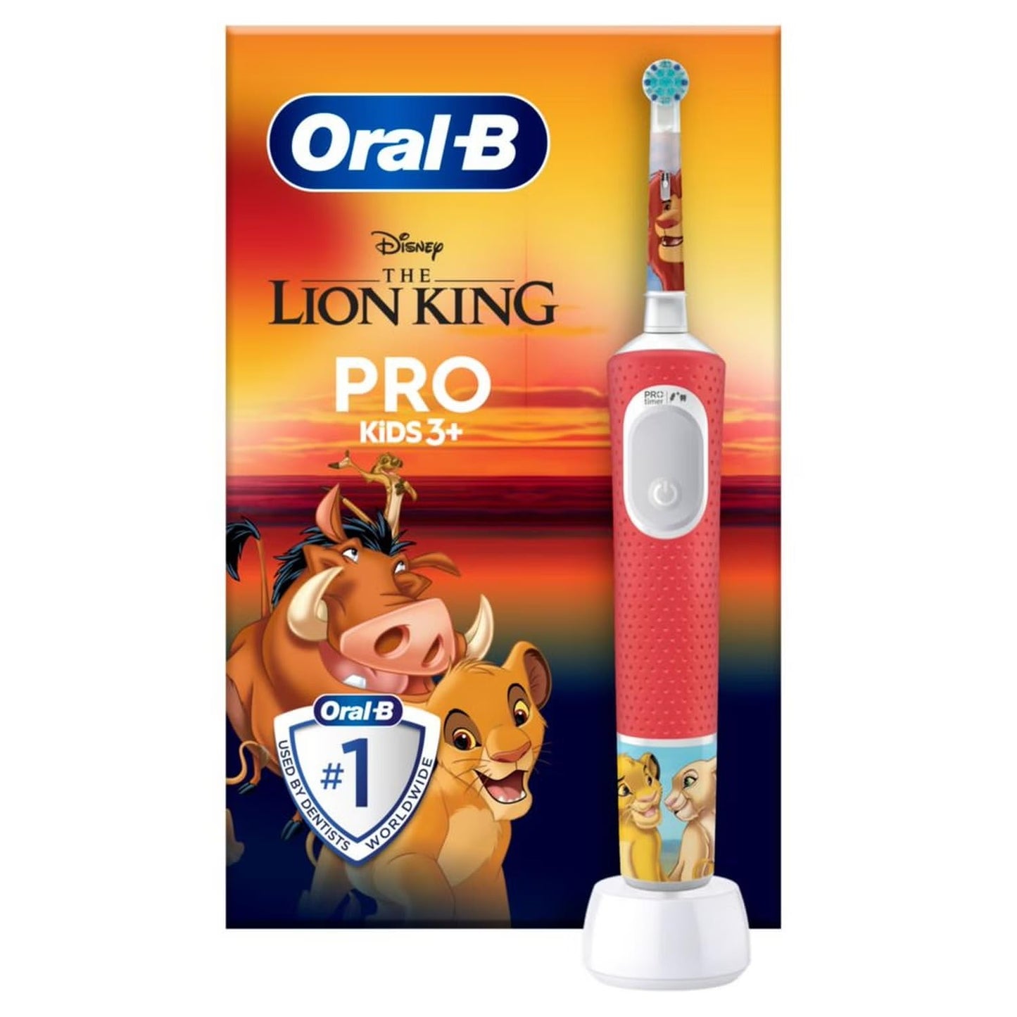 Oral-B Pro Kids König der Löwen - Spazzolino elettrico per bambini dai 3 anni in su, con modalità Sensitiv+ per la cura dei denti, setole extra morbide, 1 testina di ricambio, 4 adesivi