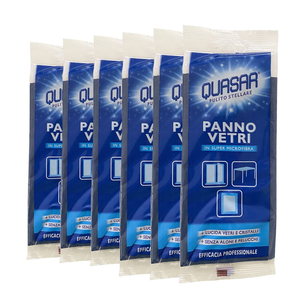 Quasar - Panno Vetri in Super Microfibra - Lucida Vetri e Cristalli e Senza Aloni e Pelucchi - Confezione da 6 Panni