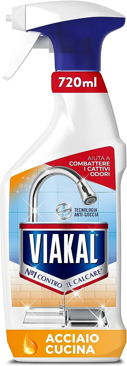 Viakal Acciaio Cucina, Spray Anticalcare con Aceto, Confezione da 750ml, Tecnologia Anti-Goccia, Rimuove Sporco e Batteri, Elimina Fino Al 100% Di Calcare, Aiuta a Combattere i Cattivi Odori