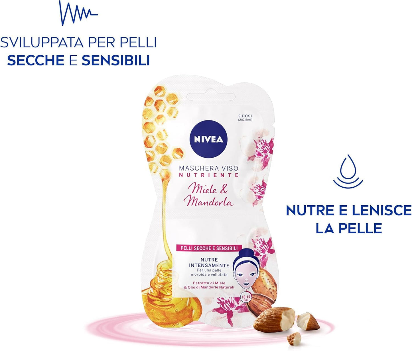 NIVEA Maschera Nutriente Intensiva 3 x 15 ml ciascuno, Maschera viso con Estratto di Miele, Olio di Mandorle e Hydra IQ, Maschera pelli sensibili, secche e stressate