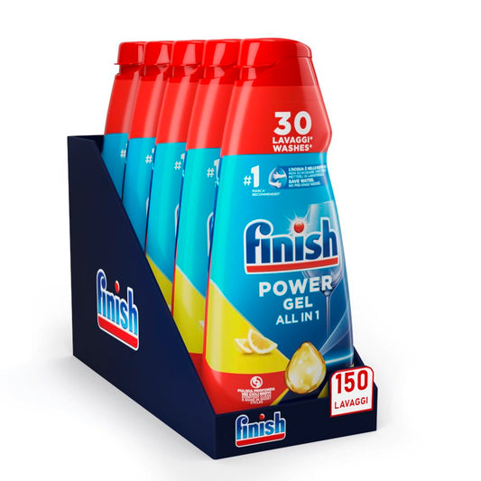 Finish Powergel Detersivo Lavastoviglie al Limone, Gel Lavastoviglie, 150 Lavaggi, 5 confezioni da 30 Lavaggi di Liquido Lavastoviglie