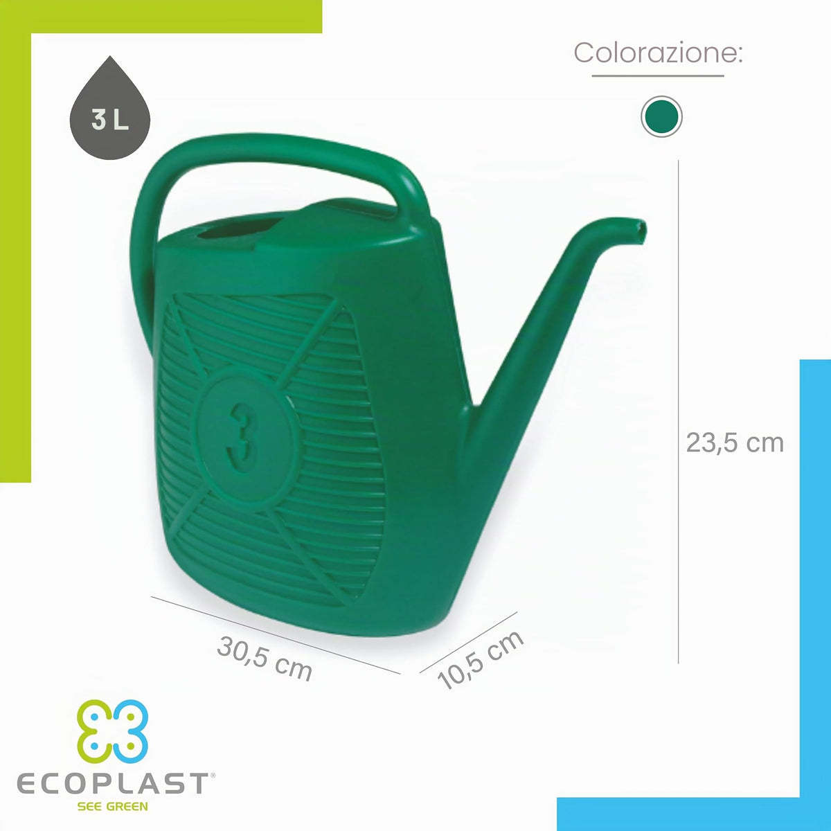 Ecoplast | Annaffiatoio da 3 Litri, Ideale per il Giardinaggio, Piante e Fiori, Comodo da Usare, Resistente, Duraturo e Indeformabile, con Doccetta Inclusa