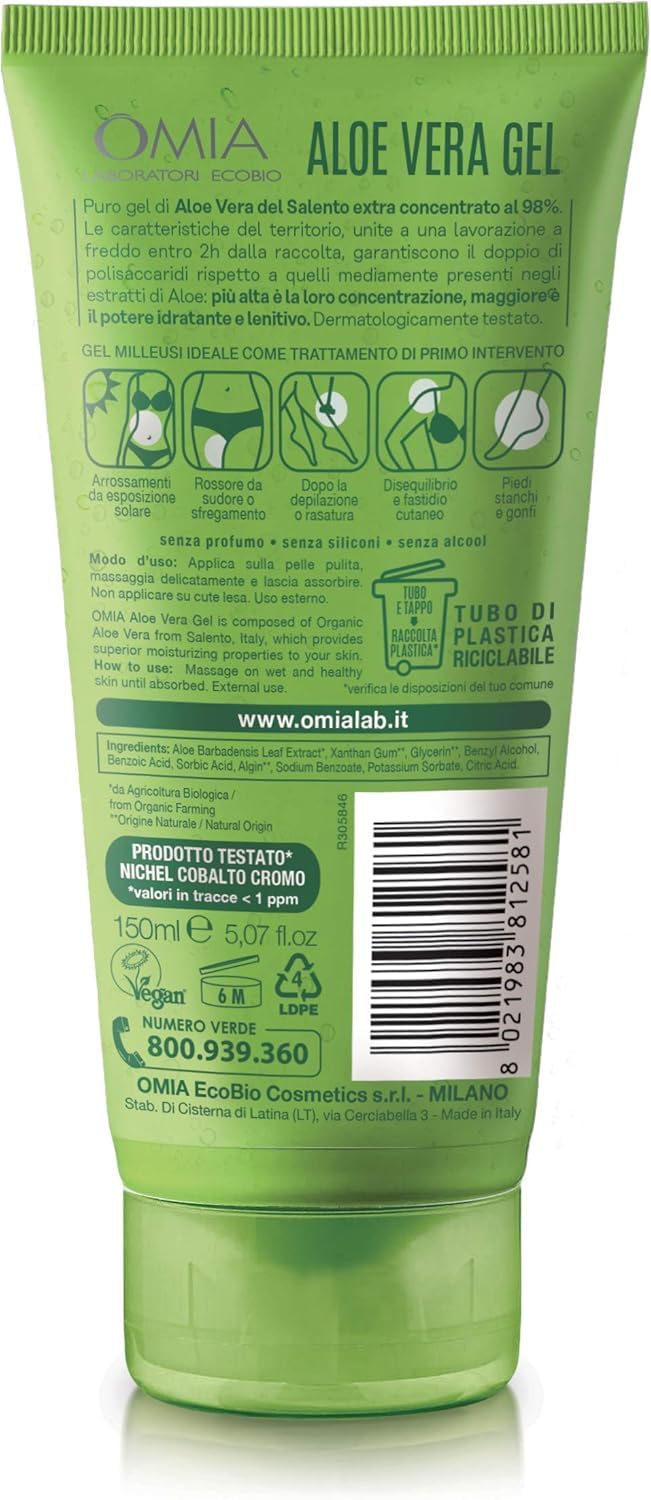 Omia - Gel Eco Bio con Aloe Vera del Salento al 98%, Gel Idratante, Lenitivo e Rinfrescante, Ideale per Pelli Secche, Non Unge, Dermatologicamente Testato - Flacone da 150 ml
