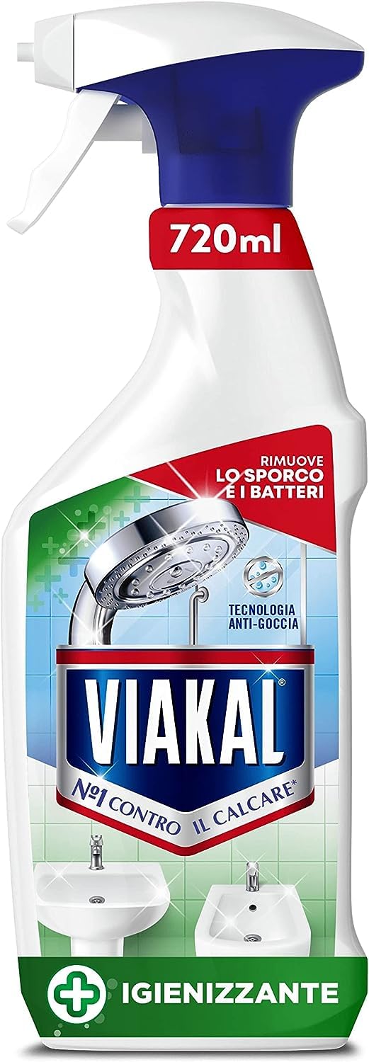 Viakal Anticalcare Detersivo Spray Bagno e Cucina, Igienizzante, 1 da 720ml, con Tecnologia Anti-goccia, per un Bagno Pulito e Profumato, 100% di Plastica Riciclata