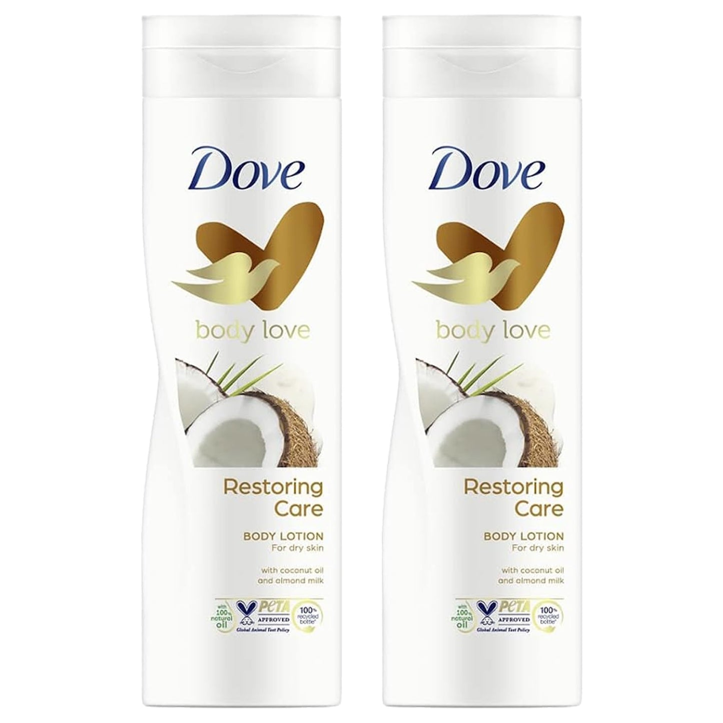 Dove Body Love Restoring Care Lozione per il corpo per pelle secca con olio di cocco e latte di mandorle, 400 ml, confezione da 2