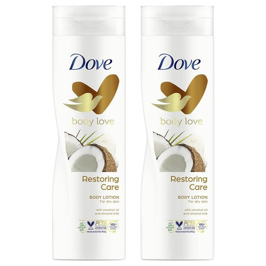 Dove Body Love Restoring Care Lozione per il corpo per pelle secca con olio di cocco e latte di mandorle, 400 ml, confezione da 2