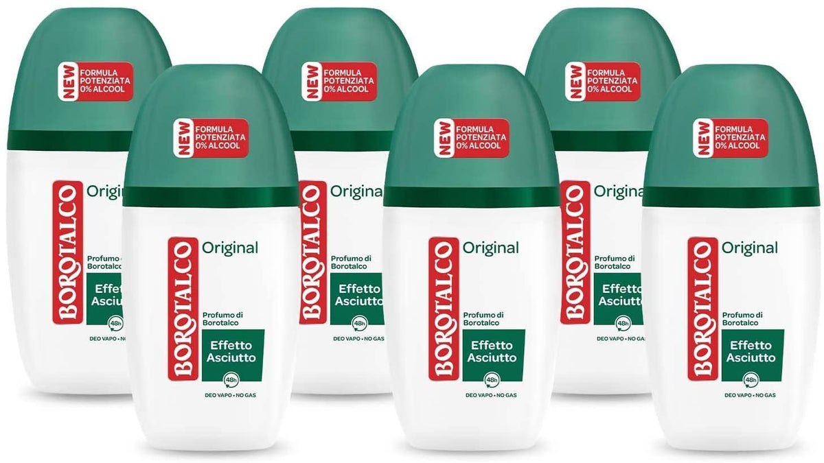 Borotalco, Deodorante Vapo Original con Microtalco, Assorbe il Sudore, Senza Alcool, Pelle Morbida e Idratata, Profumo di Borotalco, Deodorante Uomo e Donna - 6 Flaconi da 75 ml
