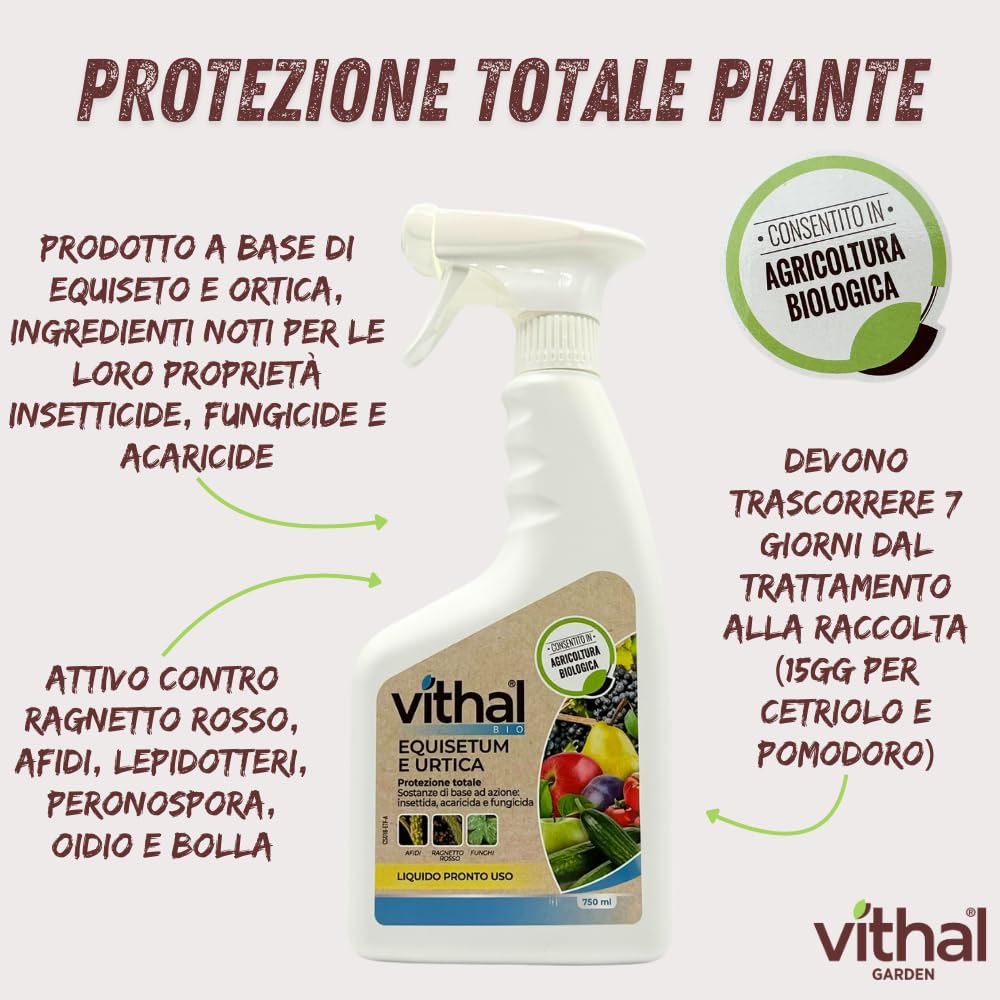 VITHAL Protezione Totale Piante - a base di Equiseto e Ortica, Insetticida Fungicida Acaricida, 100% Naturale e Biologica, Contro Insetti e Funghi, ideale per Piante da Frutta, Vite e Ortaggi, 500ml