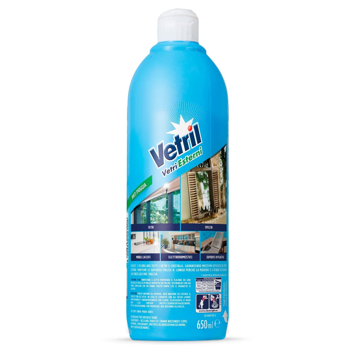 Vetril - Vetri Esterni, Detergente Anti Pioggia, Scudo Anti Goccia, Brillantezza Senza Aloni, 650 ml x 3 Pezzi