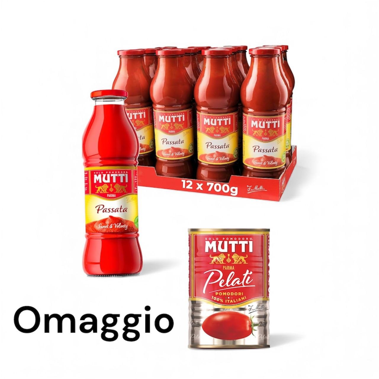 passata di pomodoro mutti confezione da 12 barattoli in vetro da 700 g + omaggio MUTTI Pomodori Pelati, 400g