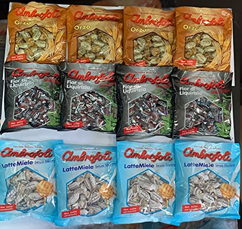 SET DI CARAMELLE AMBROSOLI 12 PEZZI TOTALI ( ORZO, LIQUIRIZIA, LATTEMIELE 4X)