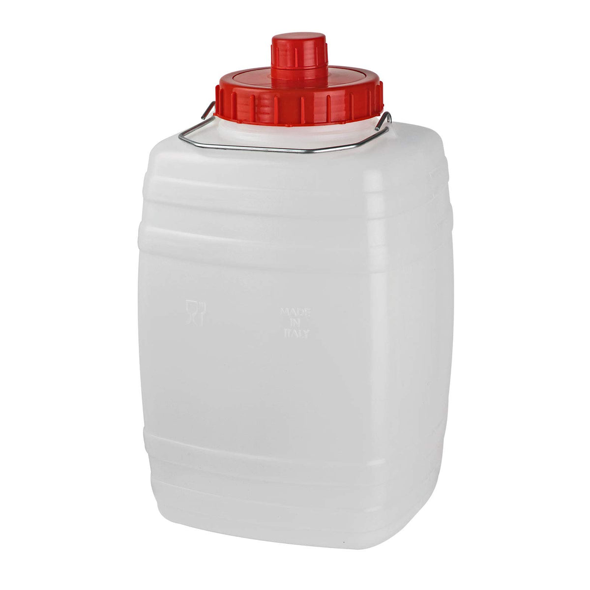 Bottiglione in plastica (HDPE), quadrato con collo largo e rubinetto, capacità 10 Lt, maniglia in ferro e tappo a vite (incluso)