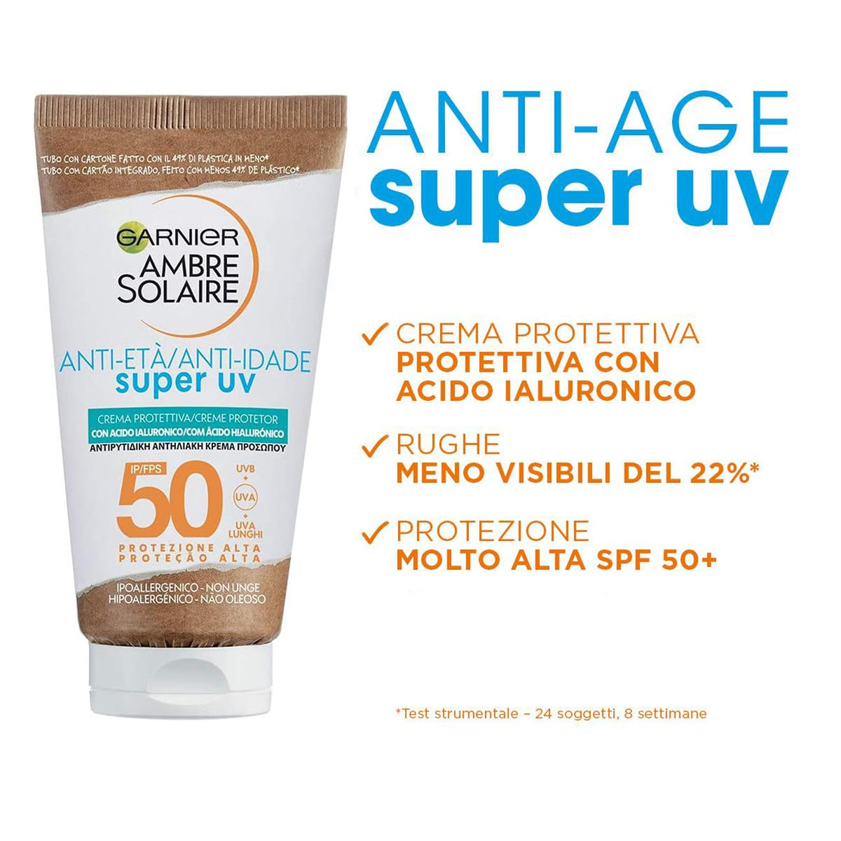 Garnier Crema Viso Protettiva Anti-Age Super UV, Per Pelli Sensibili, Protezione SPF 50, Ad Assorbimento Rapido, Con Acido Ialuronico, Ambre Solaire, 50 ml