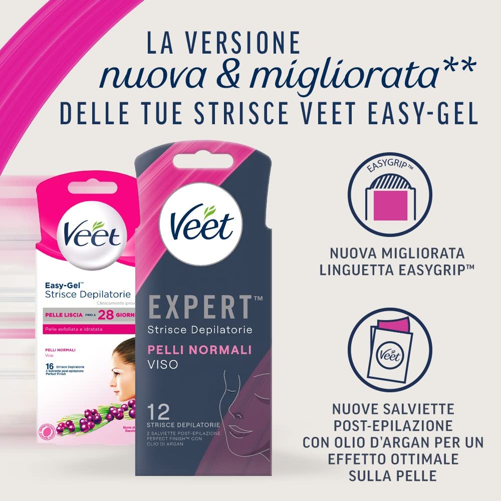 Veet Expert Strisce Depilatorie Viso, Ceretta per Pelli Normali con Burro di Karitè, Dermatologicamente Testate, 12 Strisce (6x2 Strisce) + 2 Salviette Post-Epilazione con Olio D'Argan