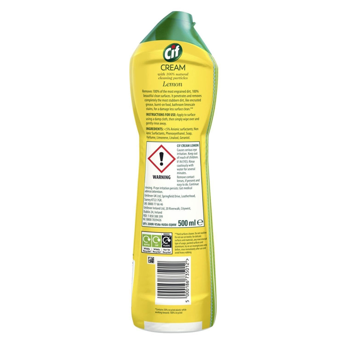 Cif Lemon Cream Cleaner, detergente multiuso per superfici con particelle detergenti naturali al 100%, rimuove il 100% dello sporco più duro, 500 ml, confezione da 8