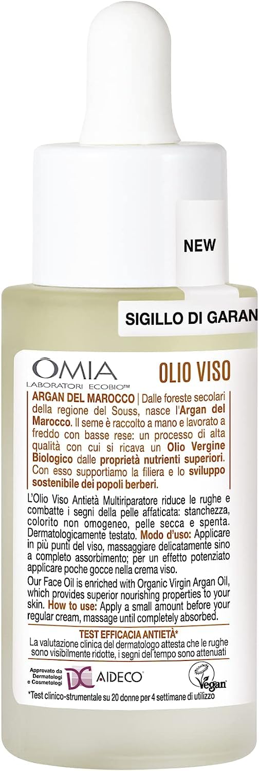 Omia, Olio Viso Antietà Multiriparatore con Argan del Marocco, Trattamento Viso Antirughe ed Elasticizzante, Vegano e Dermatologicamente Testato, 30 ml