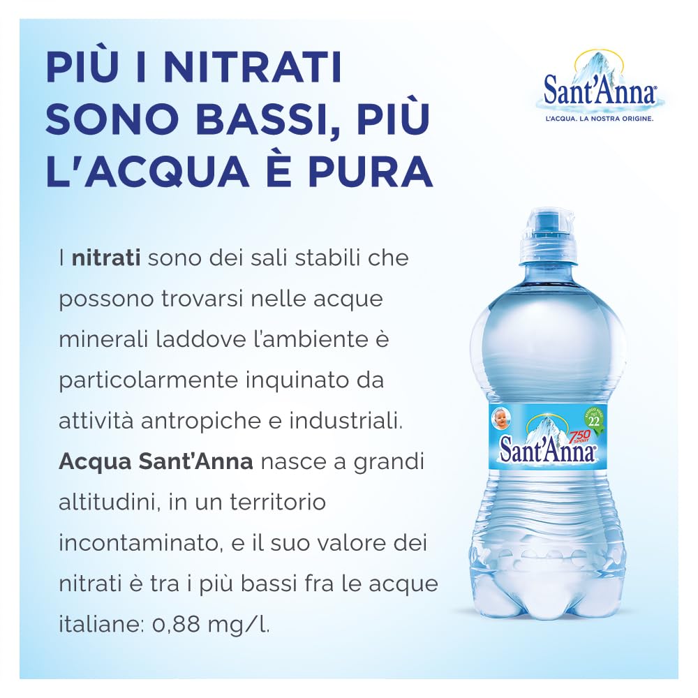 Acqua Sant'Anna Pack 0,75L Sport Bottle Naturale | 24 bottiglie | Acqua Minerale Naturale Oligominerale Minimamente mineralizzata | Bottiglie di Plastica 100% Riciclabile