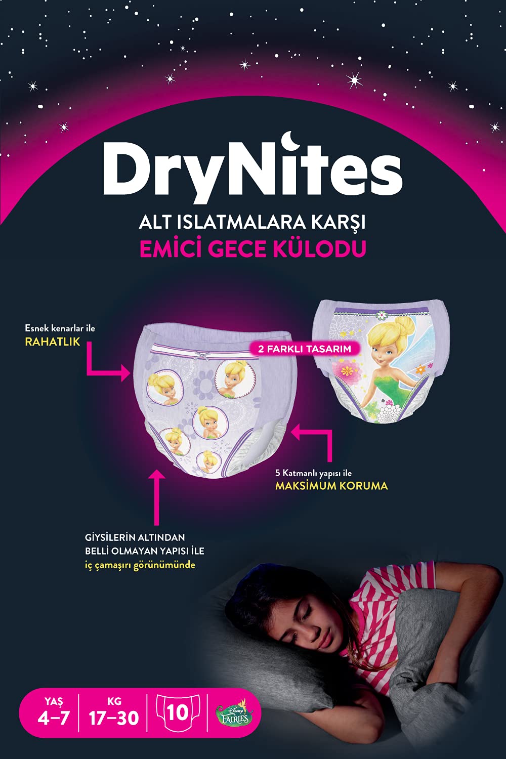 Huggies DryNites - Pannolini da notte ad alta assorbenza, per bambine 4-7 anni, 1 confezione da 10 (17-30 kg)