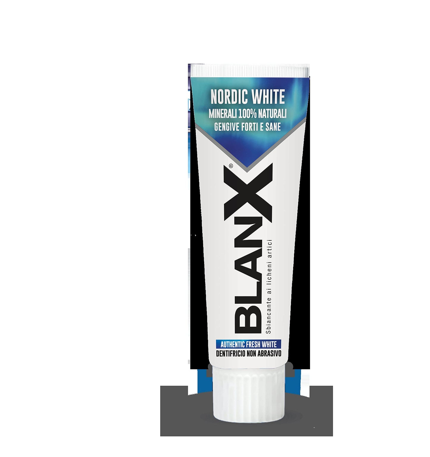 BlanX, Dentifricio Nordic White, Dentifricio Sbiancante Anti-Macchia, con Minearli Nordici 100% Naturali, Azione Lenitiva, Sbiancante e Rigenerante, Freschezza Immediata, Formato 75 ml, 1 Confezione