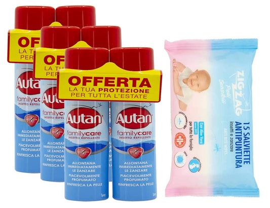 Autan Family Care Spray Bipacco - Insetto repellente e antizanzare - 6 Confezioni da 100 ml più 1 confezione ZIGZAG Pelli Sensibili salviette antipuntura