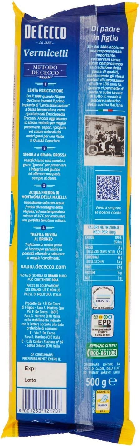 10 Pasta De Cecco 100% Italiana Vermicelli n. 170 Pasta 500 g
