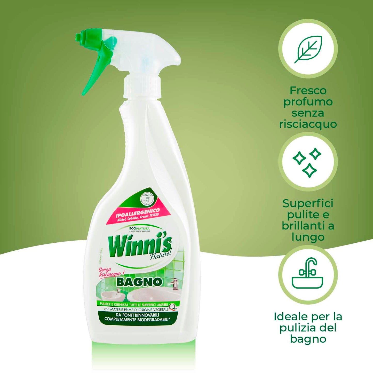 Winni's Naturel Bagno Detergente Spray Senza Risciacquo per Tutte le Superfici Lavabili Ipoallergenico con Materie Prime di Origine Vegetale Completamente Biodegradabili - 4 Flaconi da 500ml