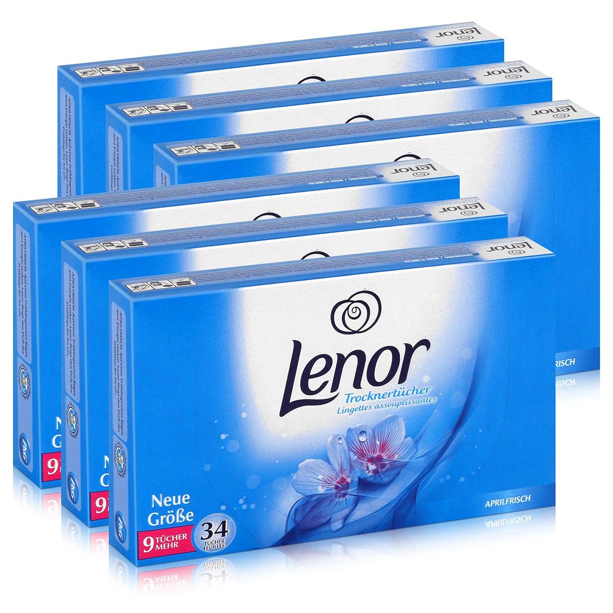 Lenor - Confezione da 34 fogli per asciugatrice profumo “Risveglio primaverile”, per la cura della biancheria, in set da 6 (etichetta in lingua italiana non garantita)