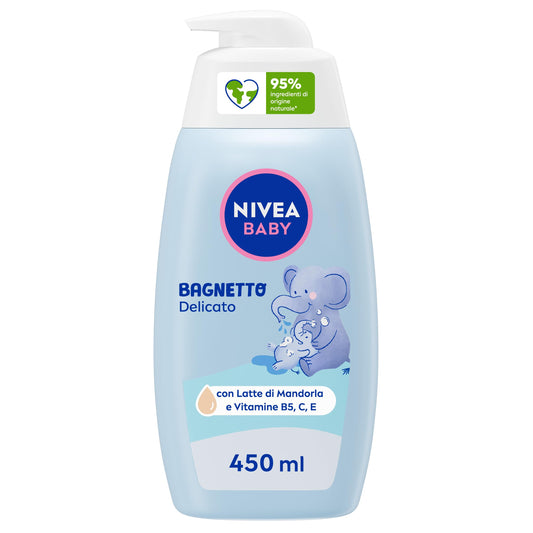 NIVEA BABY Bagnetto Delicato 450ml, Bagnoschiuma bambini per una detersione delicata e idratante, Bagnoschiuma neonato con Glicerina naturale, Latte di Mandorla e Vitamine B5, C & E