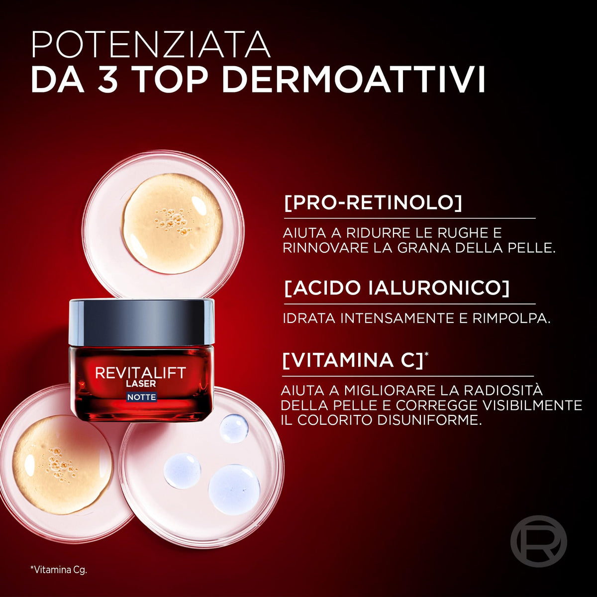 L'Oréal Paris Crema Viso Notte Revitalift Laser, Per Tutti i Tipi di Pelle, Azione Antirughe e Anti-Età, Pelle più Soda e Tonica, Con Acido Ialuronico, Vitamina C e Pro-Retinolo, 50 ml