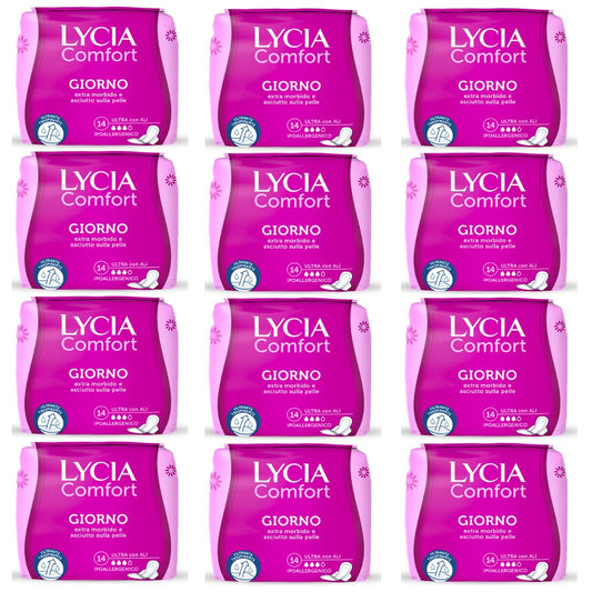 12 X LYCIA ASSORBENTI ULTRA COMFORT GIORNO CON ALI PZ.14 NUOVO FILTRANTE DRY SOFT