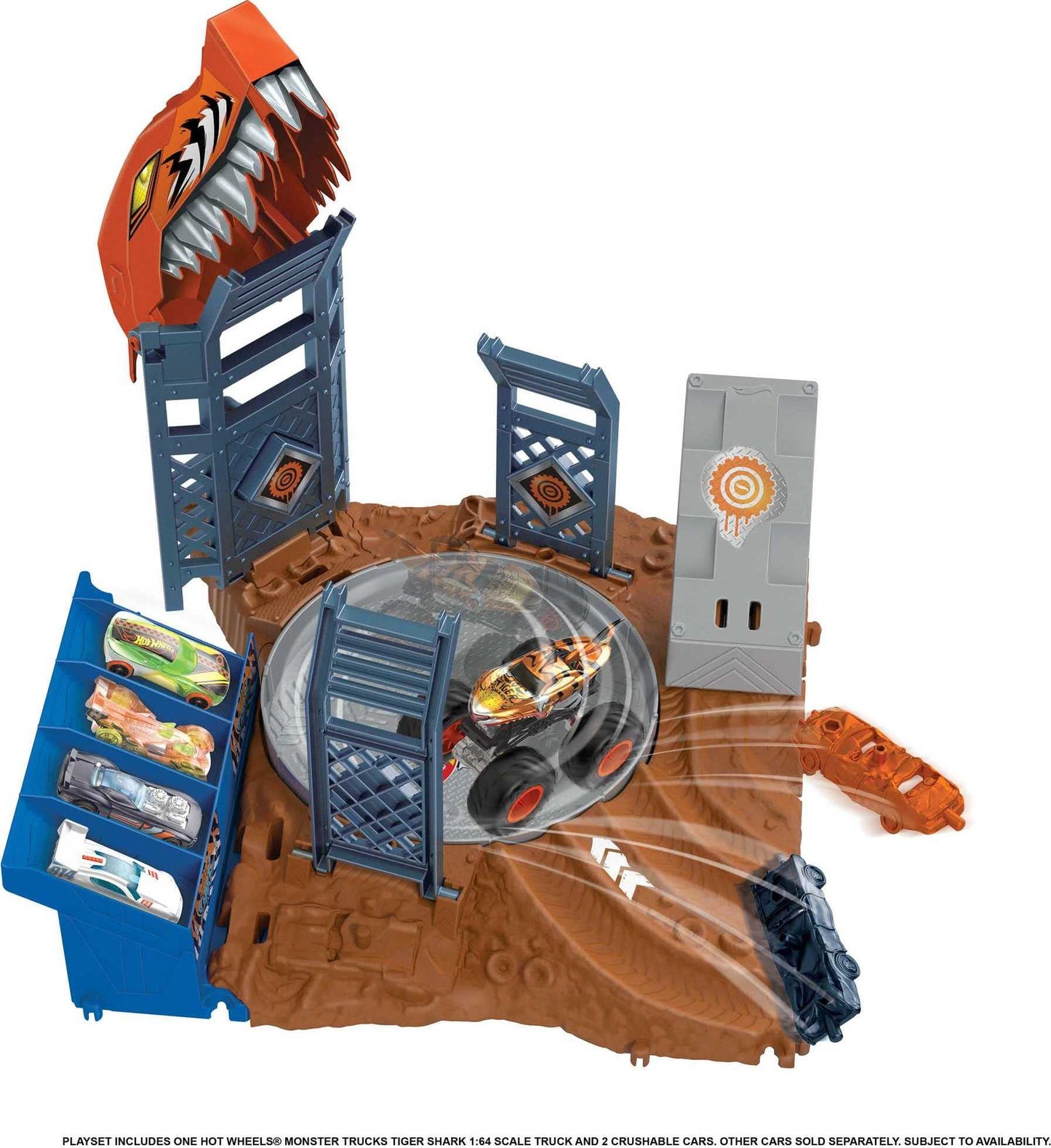 Hot Wheels - Hot Wheels Monster Trucks Arena degli Scontri, Sfida in Testacoda con Tiger Shark, playset con un truck e 2 macchinine da distruggere, giocattolo per bambini 4+ Anni, HNB93